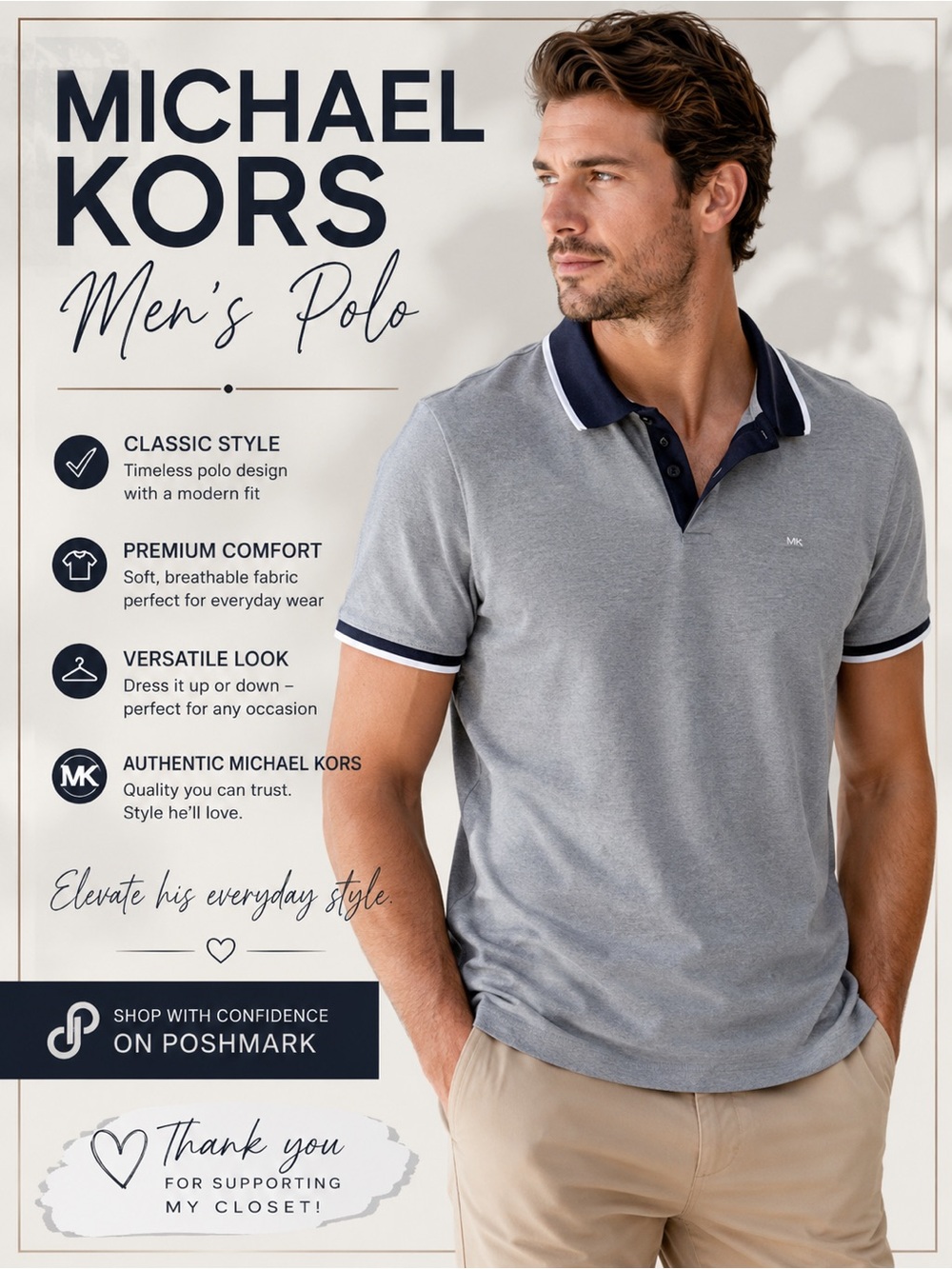Michael Kors Men's Grey Polo with Navy Trim - size Large